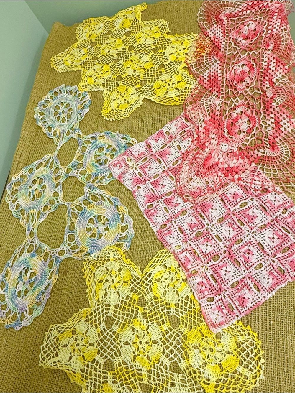 5 Handmade Crochet Doilies, Pink, Yellow & Multicolor Decorative , vintage